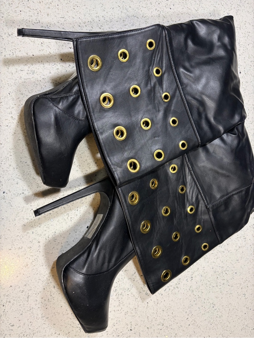 Black Leather High Heel Knee Boots with Gold Eyelet Detail